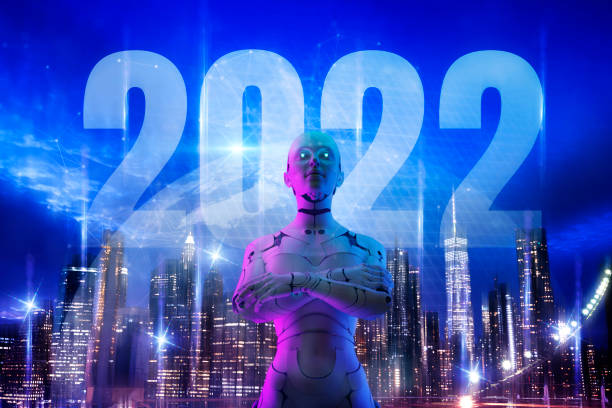 istock 2022 New year robot technology futuristic modern background. Android 2022 skyscraper city building background 1336316973