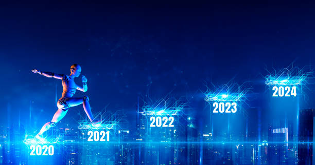 istock 2022 New year robot digital technology and industry futuristic modern background. Android robot runs across 2021 to 2022 skyscraper city building background 1336316975
