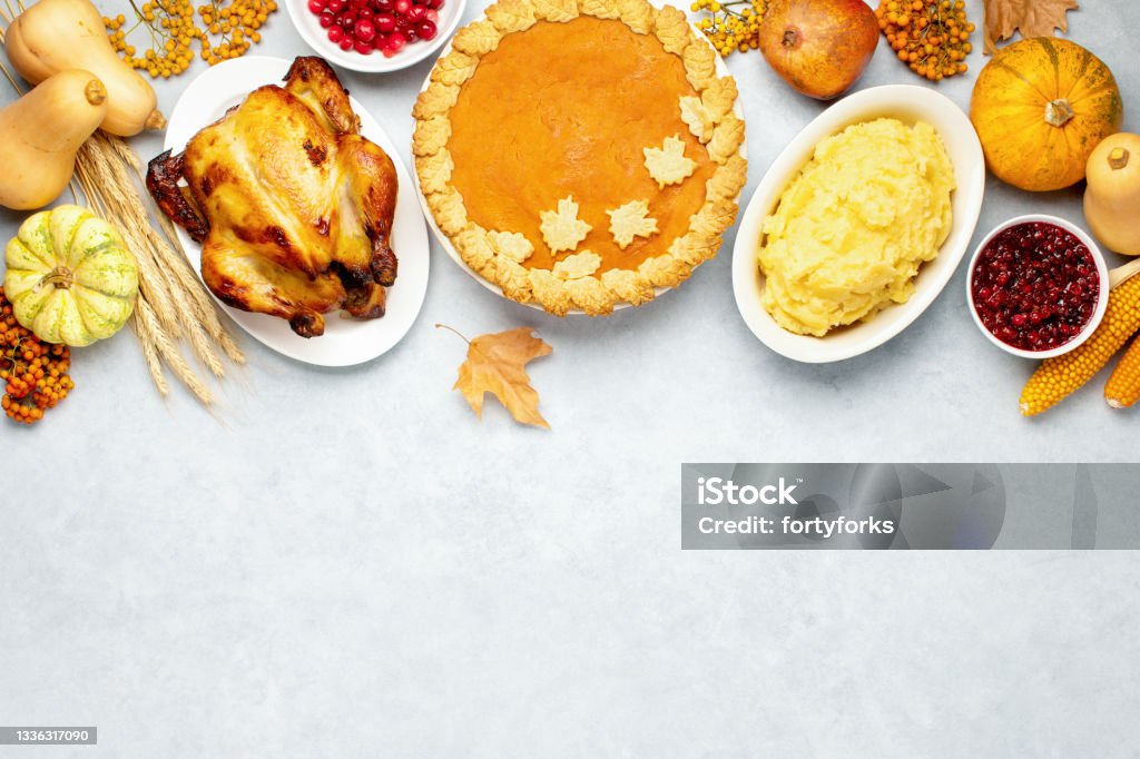 Thanksgiving greeting card background or festive dinner invitation template Thanksgiving traditional food menu background or festive dinner invitation template with copy space for a text Thanksgiving - Holiday Stock Photo