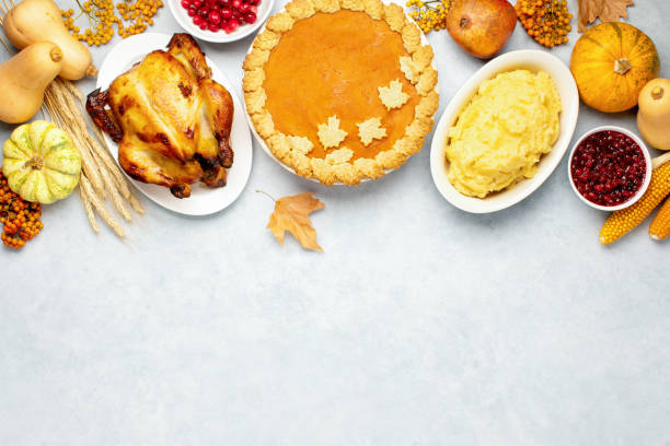 Thanksgiving greeting card background or festive dinner invitation template Thanksgiving traditional food menu background or festive dinner invitation template with copy space for a text thanksgiving holiday stock pictures, royalty-free photos & images