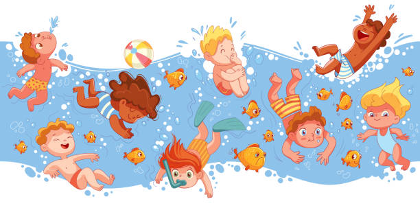 ilustraciones, imágenes clip art, dibujos animados e iconos de stock de los niños se divierten buceando bajo el agua. personaje de dibujos animados divertido. panorama sin fisuras - natural pool fish sea water