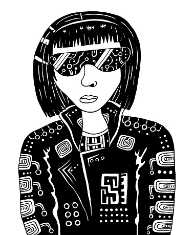 Cyberpunk girl in dark vr glasses. Cybergoth illustration. Black and white punk woman. Retrowave and vaporwave style. Vector artwork.