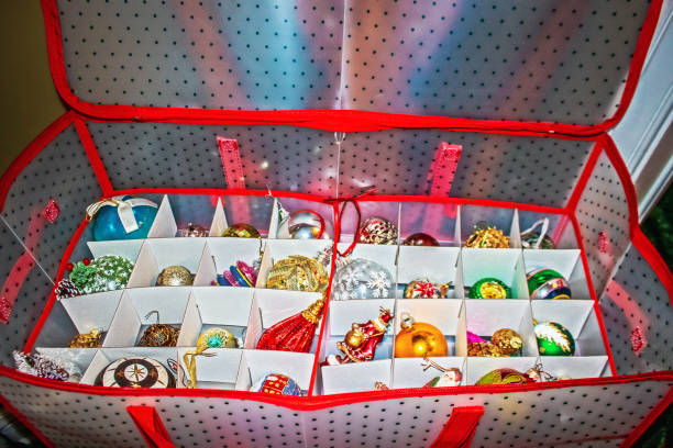 istock Christmas tree ornament storage box - plastic poka dot - with vintage and assorted ornaments 1336319630
