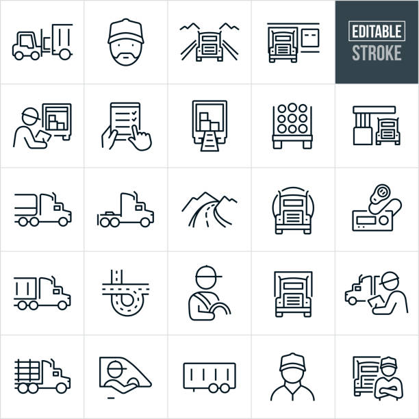 Trucking Thin Line Icons - Editable Stroke A set of trucking icons that include editable strokes or outlines using the EPS vector file. The icons include a forklift loading a semi-trailer, semi-truck driving down the road, semi-truck at loading dock of distribution warehouse, truck driver, person loading semi-truck, dockworker loading truck, inventory checklist, loaded truck, logging truck, semi-truck at gas station, tanker truck, open road, city road, CB radio, semi-truck trailer and other related icons. semi truck stock illustrations