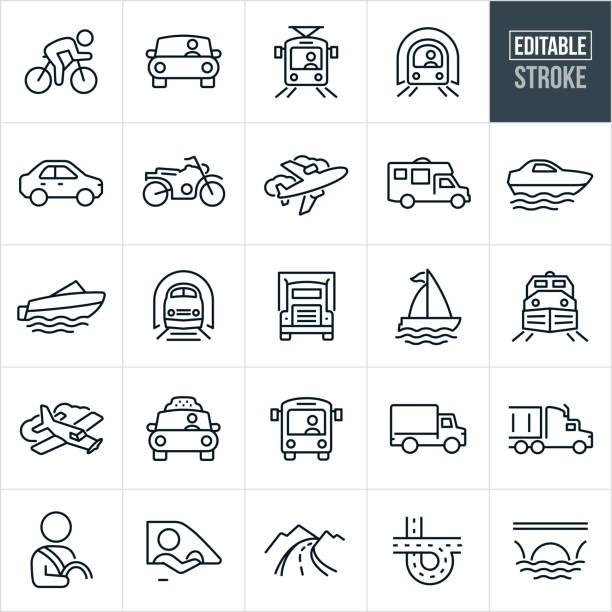 A set of transportation icons that include editable strokes or outlines using the EPS vector file. The icons include a person riding a bicycle, person driving a car, light rail train, subway train, car, motorcycle, airplane, RV motorhome, yacht, motor boat, passenger train, semi-truck, sail boat, freight train, single engine airplane, taxi cab, bus, commercial delivery truck, driver behind the wheel, city road, country road, bridge over water and other related icons.