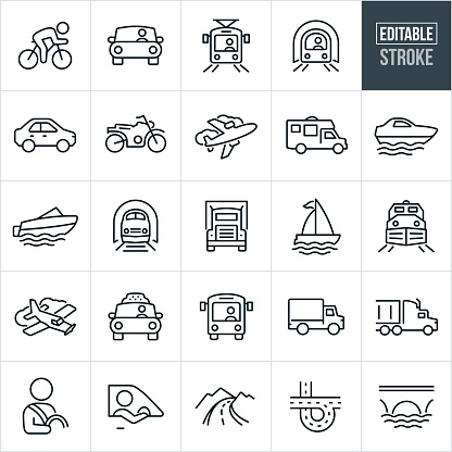 A set of transportation icons that include editable strokes or outlines using the EPS vector file. The icons include a person riding a bicycle, person driving a car, light rail train, subway train, car, motorcycle, airplane, RV motorhome, yacht, motor boat, passenger train, semi-truck, sail boat, freight train, single engine airplane, taxi cab, bus, commercial delivery truck, driver behind the wheel, city road, country road, bridge over water and other related icons.