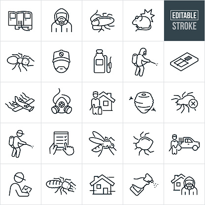 A set of pest control icons that include editable strokes or outlines using the EPS vector file. The icons include exterminators working, pest control van, exterminator with respirator and protective suit, cockroach, rodent, mouse, ants, wasps, hornets, insects, spiders, mosquitoes, beg buts, tank sprayer, exterminator spraying pesticides, mouse trap, crop duster, respirator, exterminator standing in front of residential home, wasp nest, checklist, pest control equipment, house, spray bottle and other related icons.
