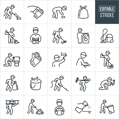 A set of janitorial icons that include editable strokes or outlines using the EPS vector file. The icons include janitors doing several different work duties that include a janitor vacuuming, janitor picking up trash, janitor sweeping, janitor with tool belt, janitor cleaning, janitor fixing leaky pipe, janitor cleaning toilet, janitor painting, janitor mopping floor, janitor taking out the trash, janitor cleaning carpets, janitor cleaning floor, trash bag, mop bucket full of soapy water, spray bottle, rubber cleaning gloves and other janitor cleaning related icons.