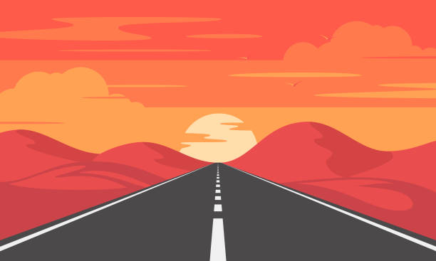 Road to mountains Road through fields and hills. Straight empty asphalt highway. sunset stock illustrations