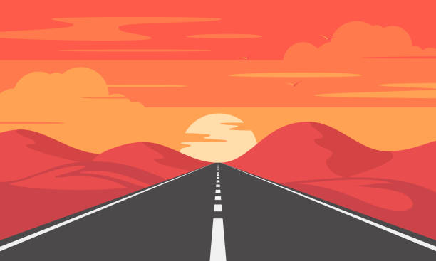 Road to mountains Road through fields and hills. Straight empty asphalt highway. hill cartoons stock illustrations