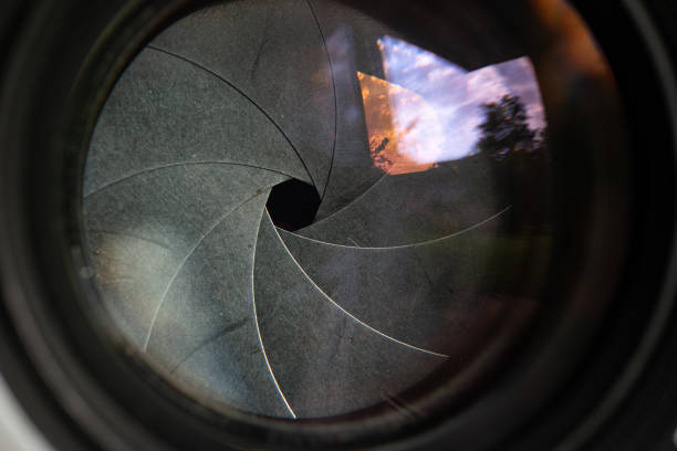 istock Closed down aperture blades on a large manual focus lens, macro close up shot 1336321034
