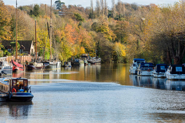 Boats on the River Medway at Allington Locks just outside Maidstone in Kent, England stock photo