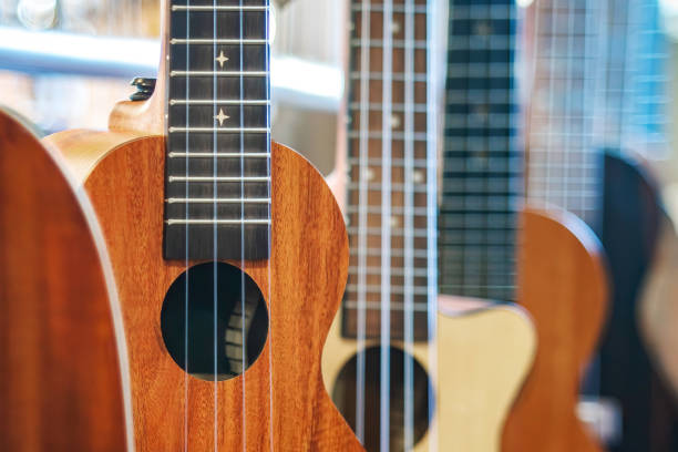 tienda musical, un instrumento de cuerda. ukeleles hechos con desenfoque artístico del fondo. - 4 string fotografías e imágenes de stock