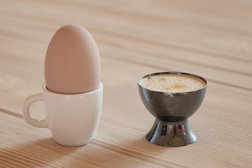 Breakfast mixup: cappuccino (caffè macchiato) in an egg stand, whilst the egg is in the espresso cup. 3D digital render