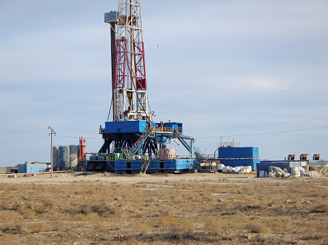Drilling Rig in the steppe. Kazakhstan. Mangistau region. 10 September 2019 year. Mangistau region.
