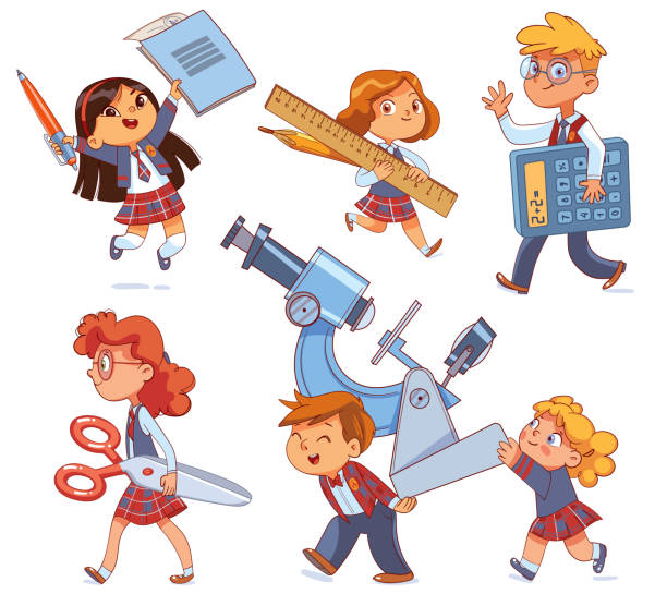 ilustrações de stock, clip art, desenhos animados e ícones de back to school. little children holding big school stationery. set - education child learning pencil