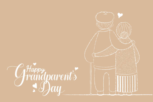 großelterntag - line art cartoon seniorenpaar umarmt sich - senior couple senior adult senior women grandmother stock-grafiken, -clipart, -cartoons und -symbole