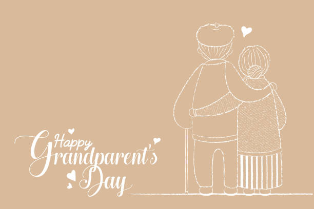 Grandparent's day - line art cartoon senior couple hugging together Happy Grandparent's Day greeting template or copy space. Cartoon old couple hugging each other in white line art. Grandfather and grandmother flat vector. Old people back view. senior citizen day stock illustrations