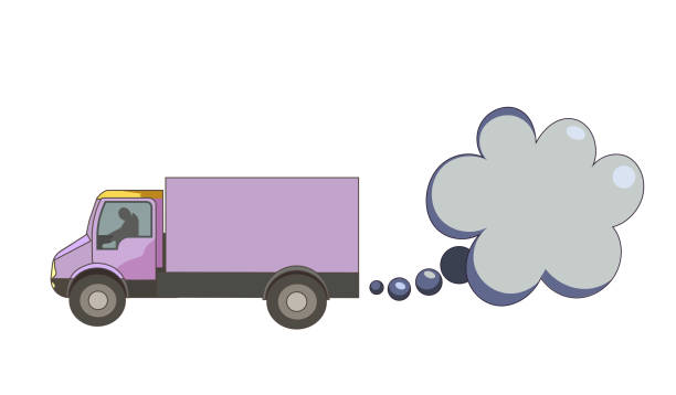 ilustrações de stock, clip art, desenhos animados e ícones de cargo truck with exhaust or flue gas as place for text in cartoon style, exhaust gas of delivery van as copy space on white isolated background, concept of environmental protection, sustainability. - flue gas