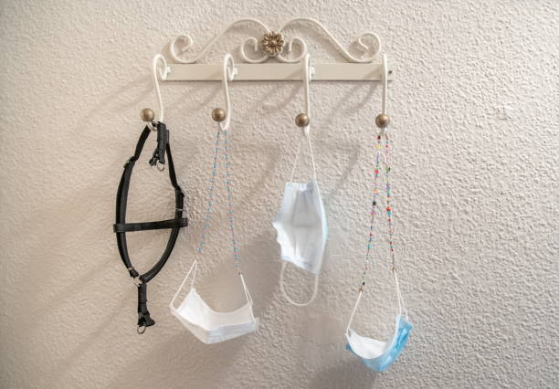 Masks and pet harness hanging on the coat rack Masks and pet harness hanging on the coat rack strap photos stock pictures, royalty-free photos & images