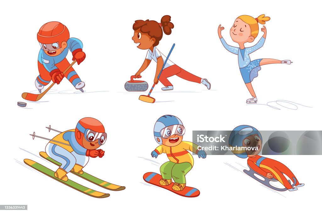 Winter Sports For Children Funny Cartoon Characters Stock Illustration -  Download Image Now - iStock