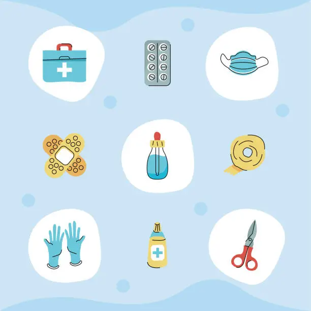 Vector illustration of nine med kits icons