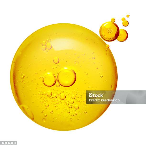 Abstract Various Golden Yellow Bubbles Oil Or Serum Isolated On White Background Cosmetic Or Spa Ingredient Concept Stock Photo - Download Image Now