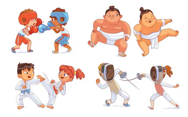 Vector illustration of Combat sport. Set. Boxing, Sumo, Fencing, Karate