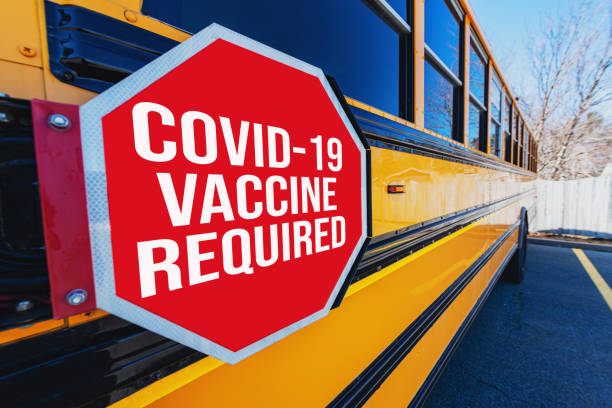 Back to School COVID-19 Vaccine Required COVID-19 Vaccination Required overlaid on school bus stop sign. mandate photos stock pictures, royalty-free photos & images