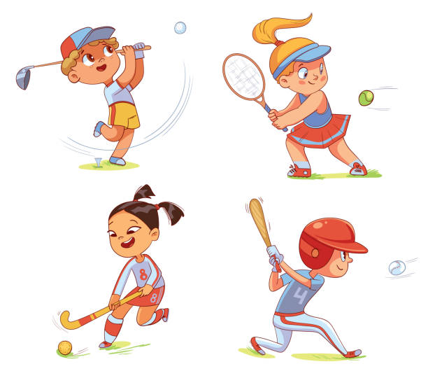 ilustraciones, imágenes clip art, dibujos animados e iconos de stock de deporte de equipo. hockey sobre césped, béisbol, tenis, golf - hockey cesped