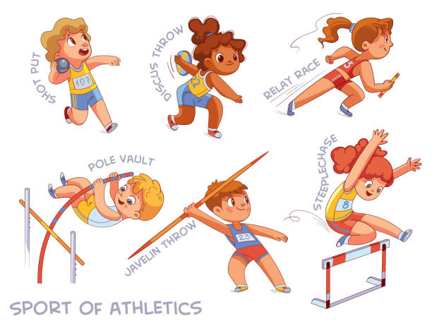 ilustrações, clipart, desenhos animados e ícones de esporte de atletismo. pôr. tiro colocado, lançamento de disco, corrida de revezamento, salto com vara, lançamento de javelin, steeplechase - steeplechasing