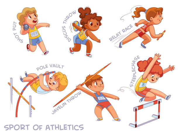 ilustrações de stock, clip art, desenhos animados e ícones de sport of athletics. set. shot put, discus throw, relay race, pole vault, javelin throw, steeplechase - child running sport sports race