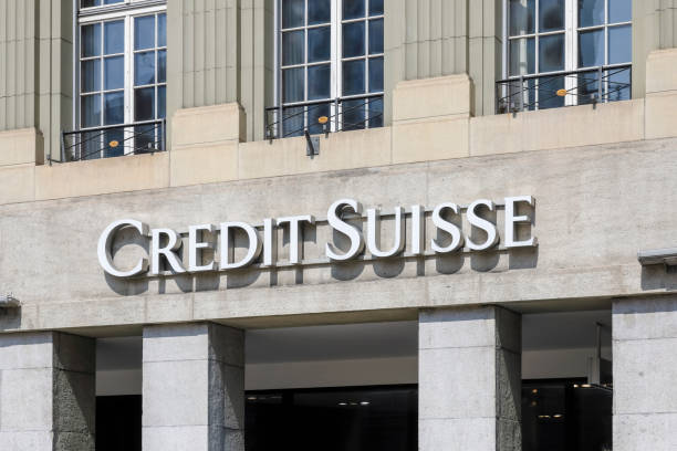 The Credit Suisse trademark is on the facade stock photo