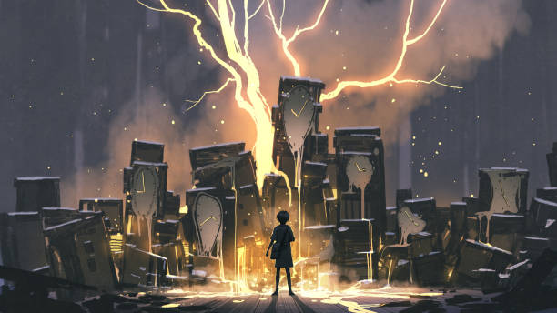 the girl in timeless room the young girl standing and looking at the clocks that melted into luminous liquid, digital art style, illustration painting melting girl stock illustrations