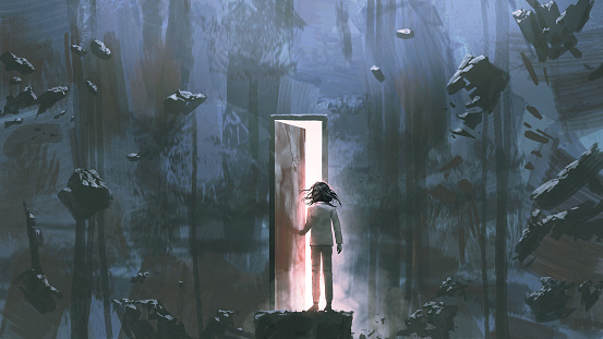 child standing in a dark place and opening a door lit from within, digital art style, illustration painting