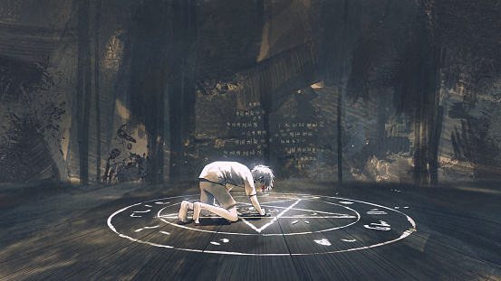 A child drawing the evil pantagram a symbol of demon on the ground, digital art style, illustration painting