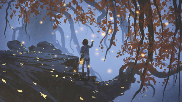 collecting the glowing leaves young woman collecting the glowing leaves that falling from the trees, digital art style, illustration painting fantasy stock illustrations
