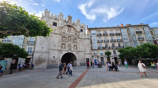 Burgos, Spain – June 26, 2021: Santa Maria Gate in the medieval Burgos downtown.