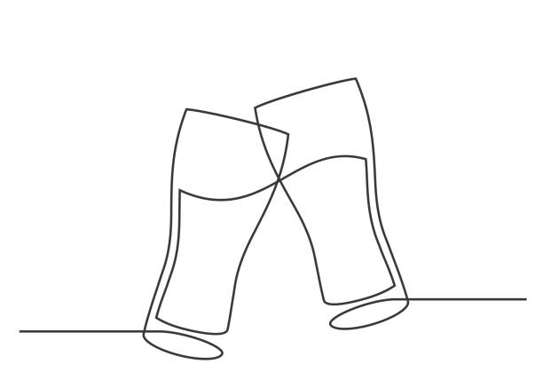 two glass one line Continuous one line drawing of cheers two beer glasss. Vector illustration glass of beer stock illustrations