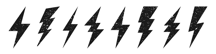 Lightning bolt icons with grunge texture isolated on white background. Vintage flash symbol, thunderbolt. Simple lightning strike sign. Vector illustration