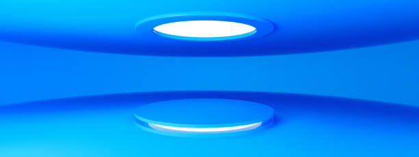 istock blue empty modern showroom with blank pedestal and led lighting 1336344228