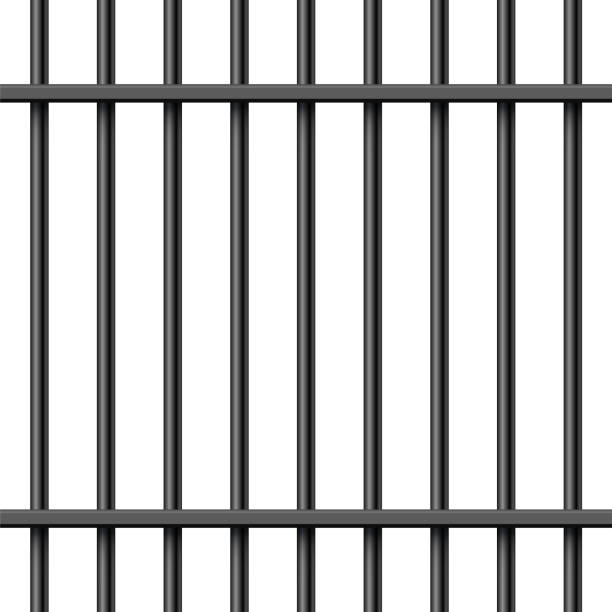 istock Black realistic metal prison bars isolated on white background. Detailed jail cage, prison iron fence. Criminal background mockup. Creative vector illustration 1336345547