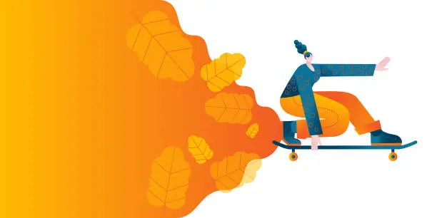 Vector illustration of The girl is riding a skateboard fast.