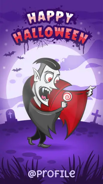 Vector illustration of Happy Halloween. Funny vampire holding lollipop in hand. Full moon. Dark night. Vector illustration