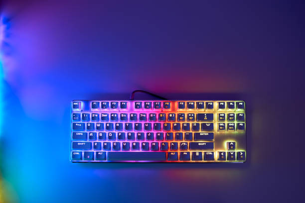 istock Mechanical gaming keyboard with backlight, top view. Gaming keyboard with RGB backlight. RGB LED keyboard 1336345692