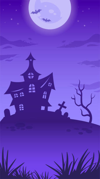 ilustrações, clipart, desenhos animados e ícones de iullustration noite de halloween com lua cheia, casa de bruxas, lápide, árvore do mal e morcegos - mist castle fog night