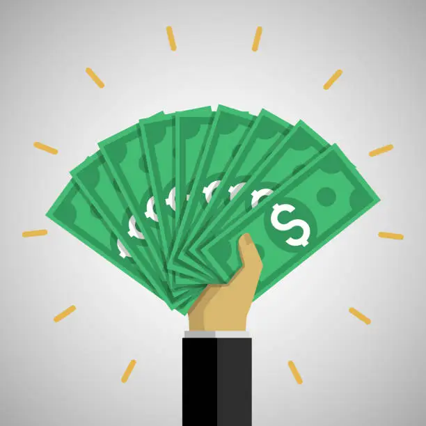 Vector illustration of businessman hand holding a lot of dollar bills