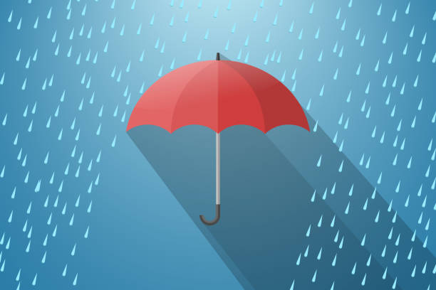 ilustraciones, imágenes clip art, dibujos animados e iconos de stock de paraguas rojo con gotas de lluvia - mojado