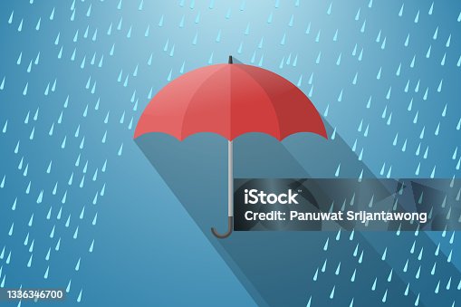 istock Red umbrella with rain drops 1336346700