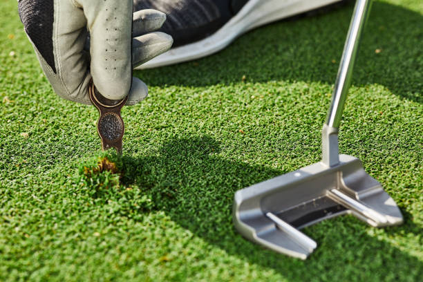 golfista reparar correctamente una marca divot en putting green utilizando la herramienta divot. herramienta de reparación de marca de bola o herramienta divot en césped de golf, primer plano - chuleta fotografías e imágenes de stock